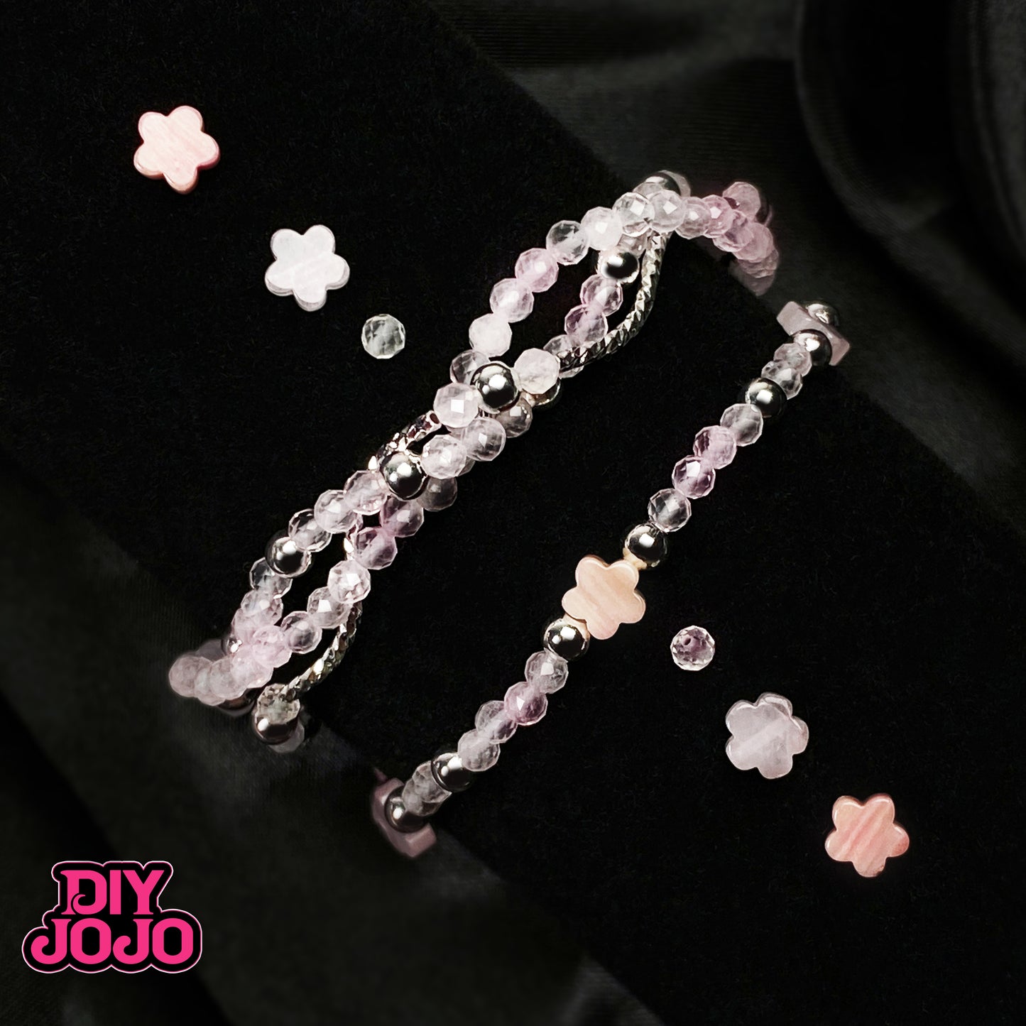 NEW【買1得1】【ミニ天然石】【R2972】ふわふわタイムーDIY JOJO厳選 高品質天然ローズクォーツ(約4mm)・ロードクロサイト(花型)