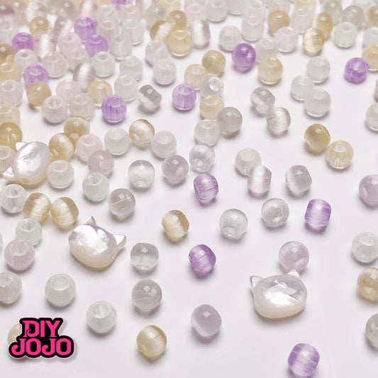 【R2676】優しい月光ー ミニキャッツアイ＆ミニシェルパール（猫形・白蝶貝）（約3.5mm）